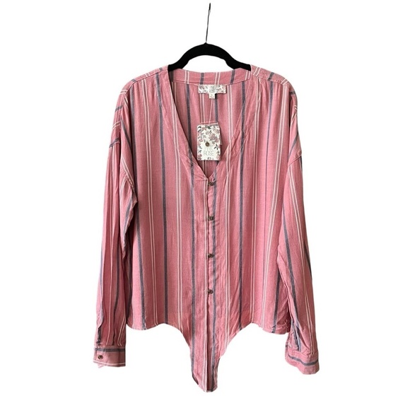 Pink Rose Top Women's Size L Pink Striped Buttons Long Sleeve Tie Front Boho NEW - Picture 2 of 6